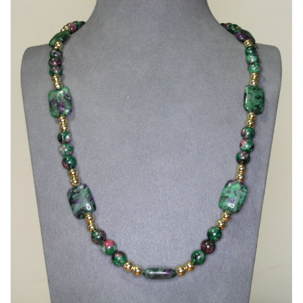 Ruby Zoisite & Gold Bead Necklace With Toggle Clasp 30 Inches Long